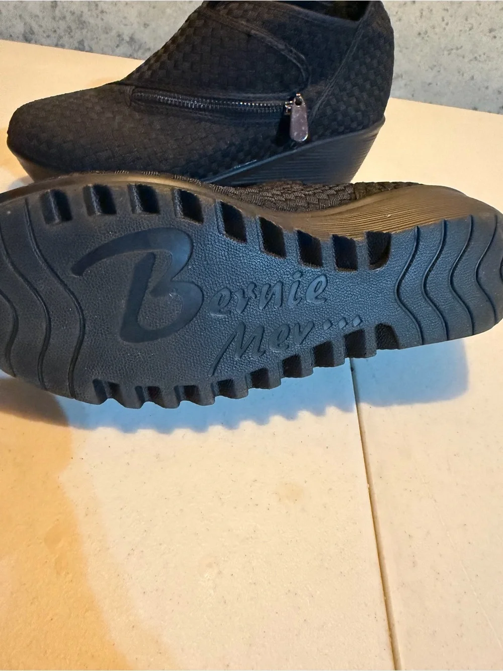 bernie mev. Black Woven Slip-On Wedge Shoes